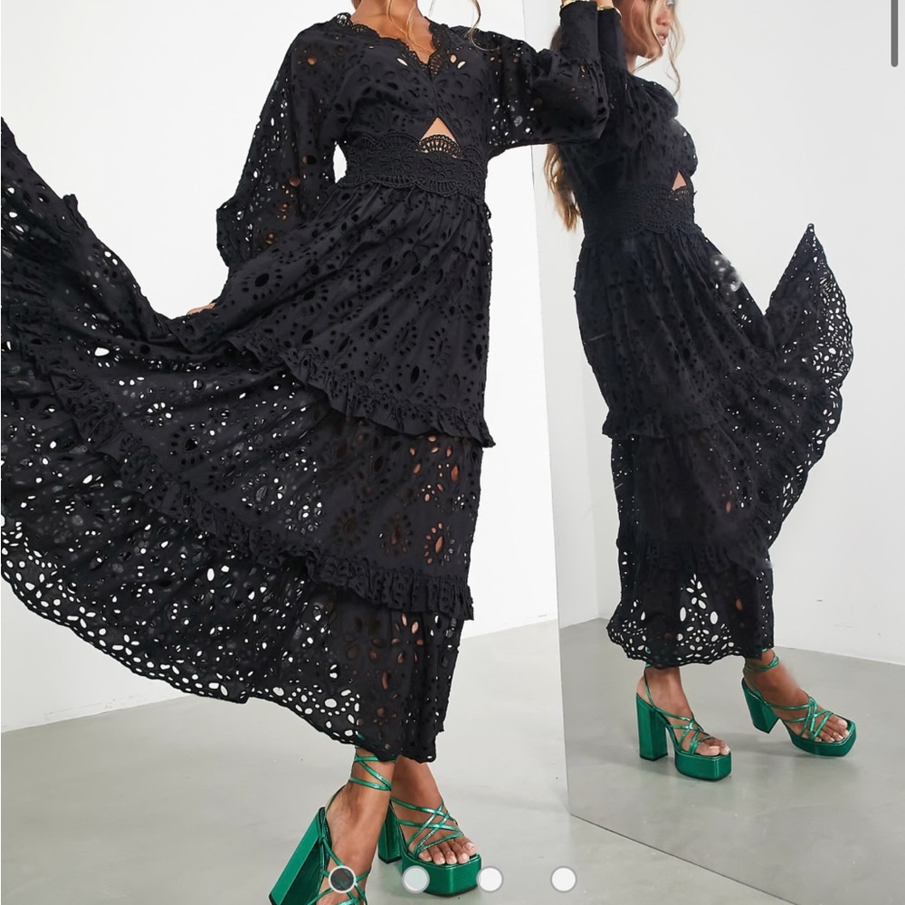 ASOS EDITION v neck broderie midi dress with puff sleeve in black